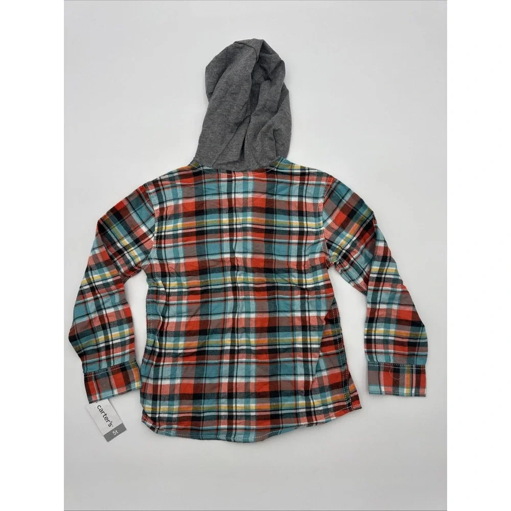 Carters Boys 5T Long Sleeve Button-Up‎ Shirt Hooded Plaid Orange Blue Yellow NWT